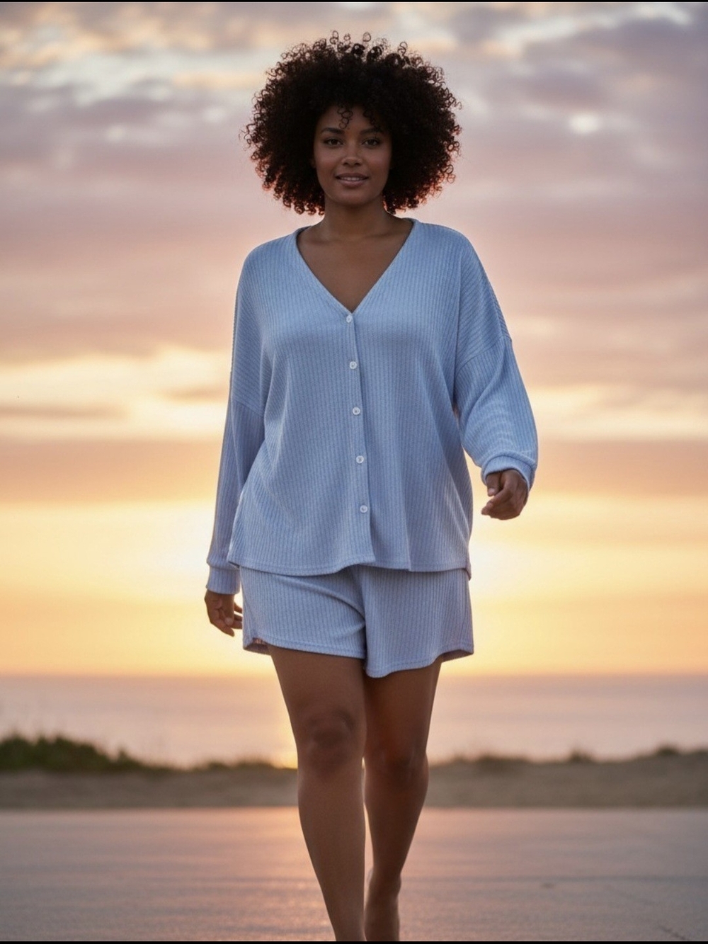 Cupshe Womens L Light Blue Ribbed Button-Front Lounge & Short Set Comfy Knit